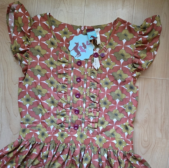 Matilda Jane rust/olive green/off-white floral short sleeved dress, NWT - Picture 3 of 9